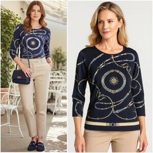 J. McLaughlin Top Equestrian Print Catalina Cloth Blouse Baroque 3/4 Sleeve sz M